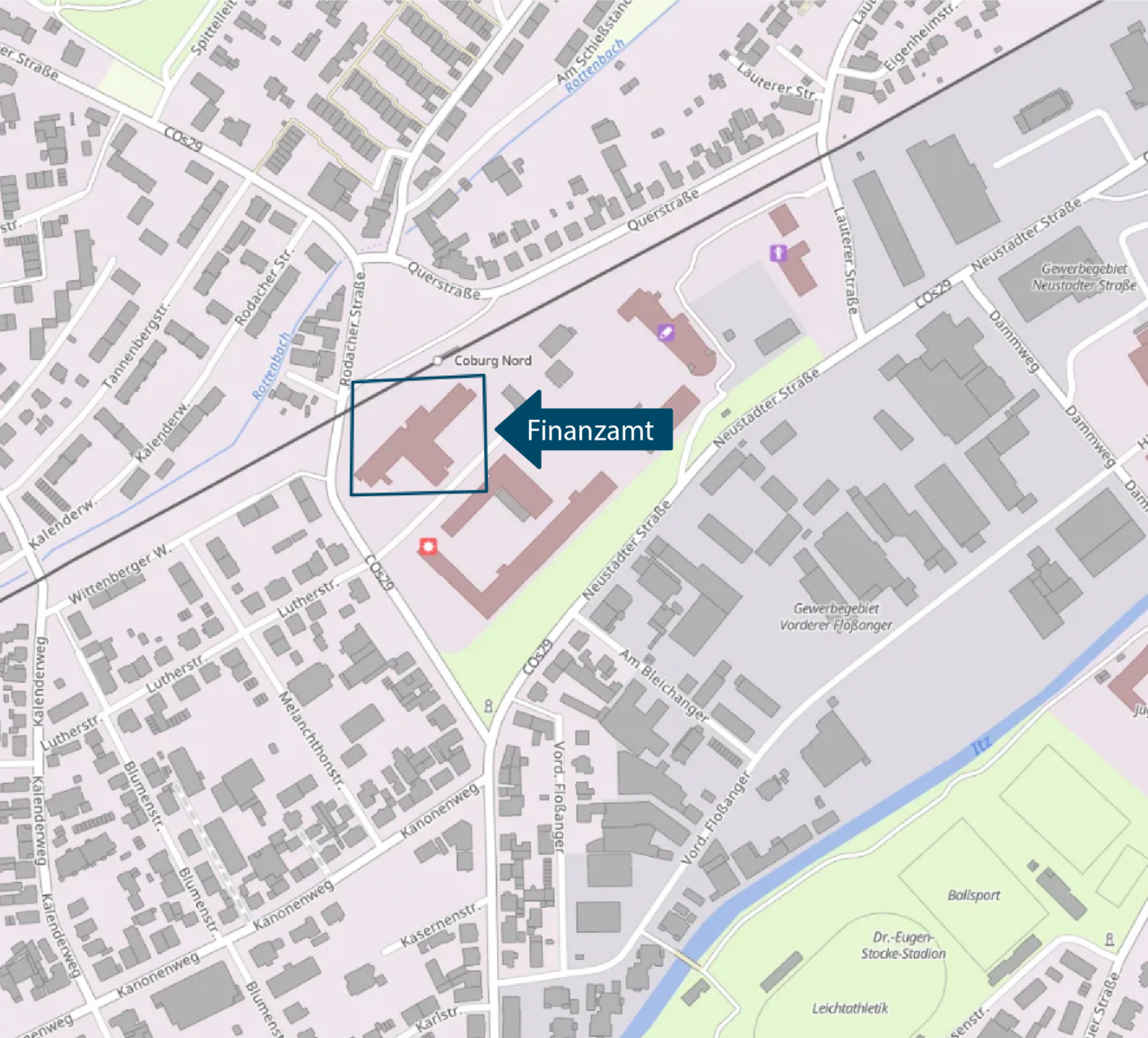  Lageplan mit Markierung des Finanzamts Coburg, Rodacher Straße 4